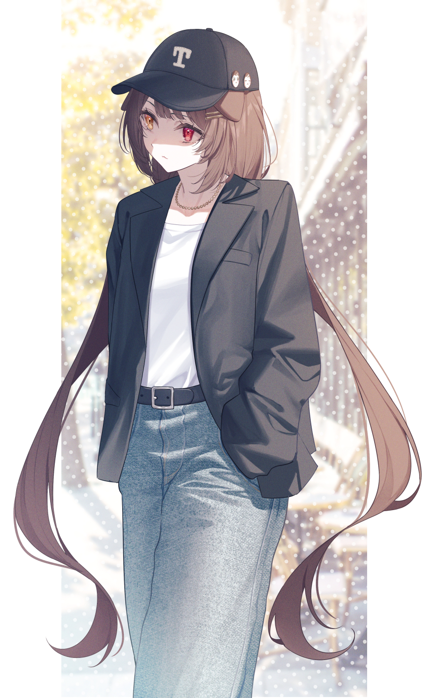 1girl absurdres alternate_costume animal_ears baseball_cap black_hat black_jacket blue_pants brown_hair closed_mouth denim dog_ears dog_girl frown hair_ornament hairclip hands_in_pockets hat heterochromia highres inui_toko jacket jeans jewelry long_hair necklace nijisanji open_clothes open_jacket orange_eyes outdoors pants pillarboxed red_eyes shirt solo standing t-shirt very_long_hair virtual_youtuber white_shirt yuki_hare1130