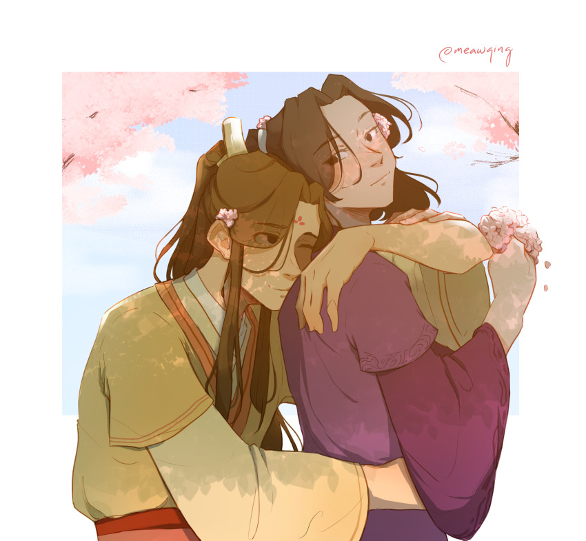 2boys blue_sky blush border brown_eyes brown_hair cherry_blossoms chinese_clothes commentary dappled_sunlight day english_commentary eye_contact eyes_visible_through_hair facial_mark flower forehead_mark half_updo highres holding holding_flower huadian hug hug_from_behind layered_sleeves long_hair long_sleeves looking_at_another male_focus meawqing medium_hair mu_qing_(tianguan_cifu) multiple_boys outdoors outside_border parted_bangs pink_flower ponytail purple_hanfu shadow short_over_long_sleeves short_sleeves sky sunlight tianguan_cifu upper_body white_border wide_sleeves xiao_guan_(headdress) xie_lian xie_lian_(flower_crowned_martial_god) yaoi yellow_hanfu
