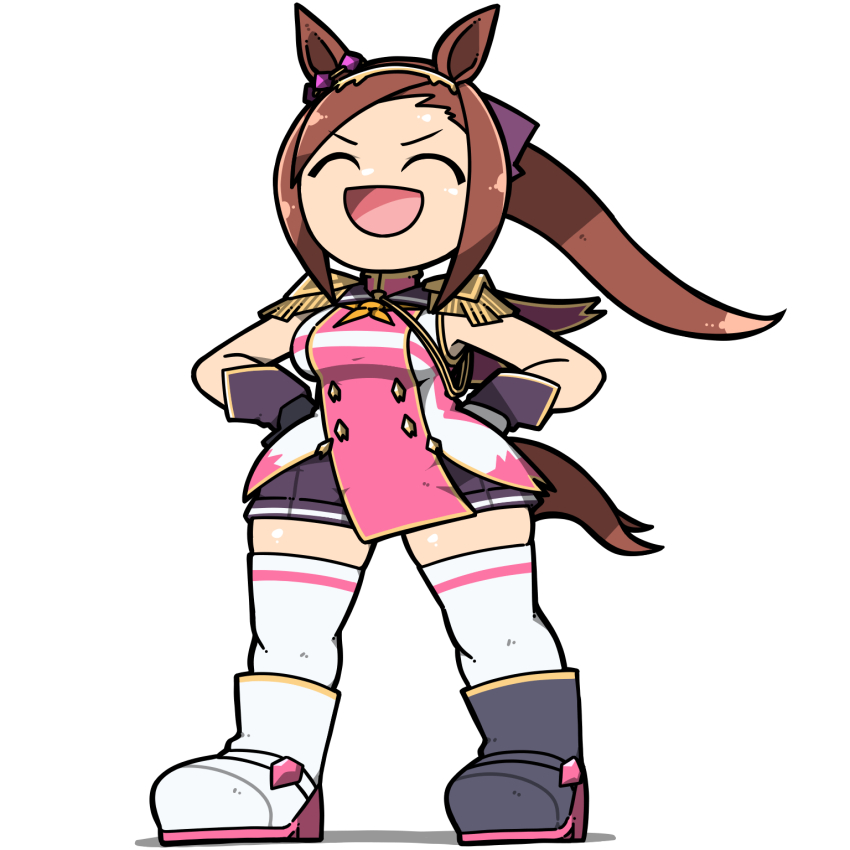 1girl :d ^_^ animal_ears asymmetrical_footwear asymmetrical_gloves black_footwear black_gloves breasts brown_hair brown_tail closed_eyes epaulettes floating_hair full_body gloves highres horse_ears horse_girl horse_tail legs_apart long_hair medium_breasts mismatched_footwear mismatched_gloves name_omoitukan2 open_mouth ponytail purple_shorts sakura_bakushin_o_(umamusume) shiny_skin shorts simple_background smile solo standing tail thick_lineart thighhighs umamusume v-shaped_eyebrows white_background white_footwear white_gloves white_thighhighs