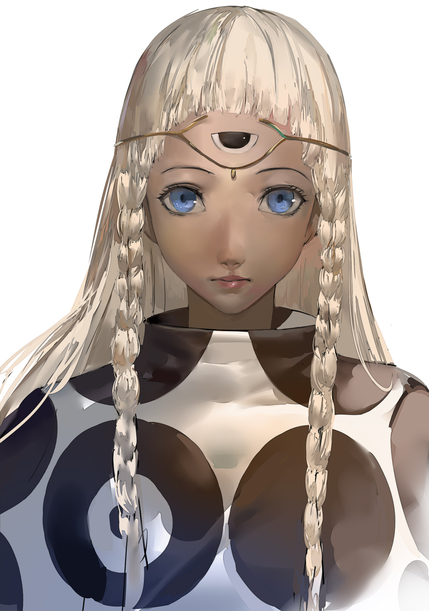 1girl blazpu blonde_hair braid closed_mouth dark-skinned_female dark_skin dress eupha_(metaphor:_refantazio) highres lips long_hair looking_at_viewer metaphor:_refantazio pink_lips polka_dot purple_eyes simple_background solo third_eye twin_braids very_long_hair white_background white_dress