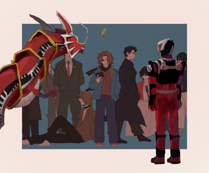 akiyama_ren anniversary armor asakura_takeshi back black_footwear black_pants blonde_hair blue_jacket bodysuit dragon eastern_dragon everyone formal_clothes green_jacket green_pants grey_jacket grey_pants hands_in_pockets hidden_face jacket kaede_1402 kamen_rider kamen_rider_ryuki kamen_rider_ryuki_(series) kidou_shinji kitaoka_shuichi long_coat multiple_boys necktie pants red_footwear red_necktie sano_mitsuru simple_background sitting spiked_hair sudou_masashi takamizawa_itsurou tezuka_miyuki toujou_satoru walking walking_away white_background white_pants yura_goro