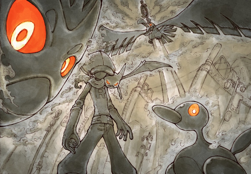 androgynous aura crobat gen_2_pokemon gloves hat highres ho-oh holding holding_poke_ball lamppost legendary_pokemon nintendo outdoors poke_ball pokemon pokemon_(creature) porygon2 pupitar red_eyes road_sign scarf sign team_rocket team_rocket_uniform usuisoto_(mouse4949)