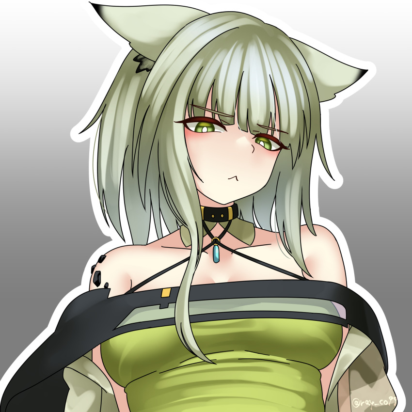 1girl :&lt; animal_ears arknights bare_shoulders black_choker breasts bright_pupils cat_ears choker criss-cross_halter dress gradient_background green_dress green_eyes green_hair grey_background halterneck highres kal&#039;tsit_(arknights) long_hair looking_at_viewer medium_breasts ray_co99 solo upper_body white_pupils