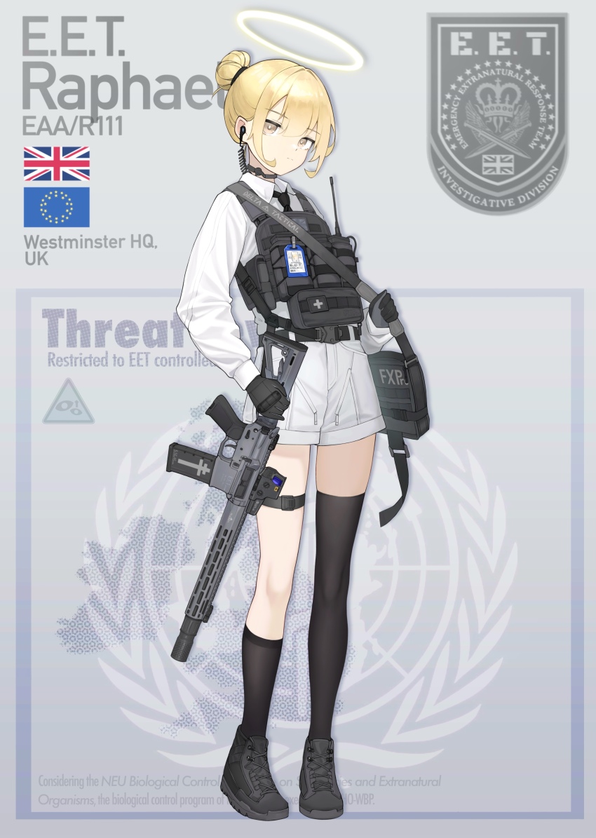 1girl absurdres ammunition assault_rifle asymmetrical_legwear bag belt black_belt black_boots black_gloves black_necktie black_socks black_thighhighs blonde_hair boots brown_eyes buckle bulletproof_vest character_name closed_mouth clothes_writing collar commentary cross earpiece emblem english_commentary english_text eotech european_union_flag first_aid_kit flip-up_sight full_body gloves gun hair_bun hair_tie halo highres holding holding_bag holding_gun holding_weapon id_card jerry_wang lace-up_boots load_bearing_vest long_sleeves m4_carbine magazine_(weapon) muzzle_device necktie optical_sight original orthodox_cross patch rifle satchel shirt short_hair shorts sidelocks sign simple_background skindentation socks solo standing strap tactical_clothes thigh_strap thighhighs thighs uneven_legwear union_jack united_kingdom walkie-talkie warning_sign weapon white_collar white_shirt white_shorts yellow_halo zipper_pull_tab
