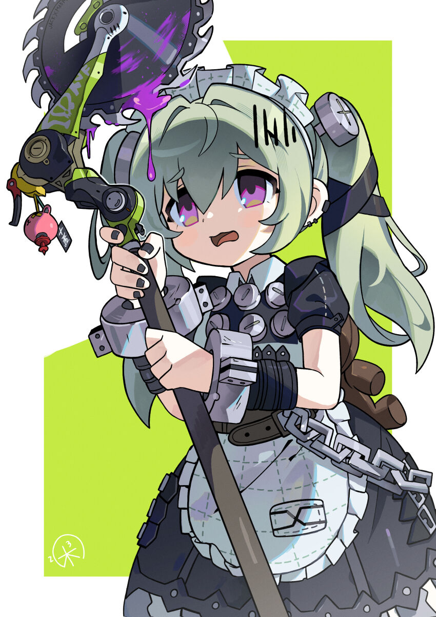 1girl absurdres apron black_dress black_nails black_ribbon chain charm_(object) circular_saw corin_wickes dress ear_piercing green_hair hair_between_eyes hair_ribbon highres holding holding_weapon long_hair maid maid_headdress morizo_(morizoshop) nail_polish open_mouth piercing purple_eyes ribbon saw screw_hair_ornament short_sleeves simple_background solo twintails two-tone_background weapon white_apron zenless_zone_zero