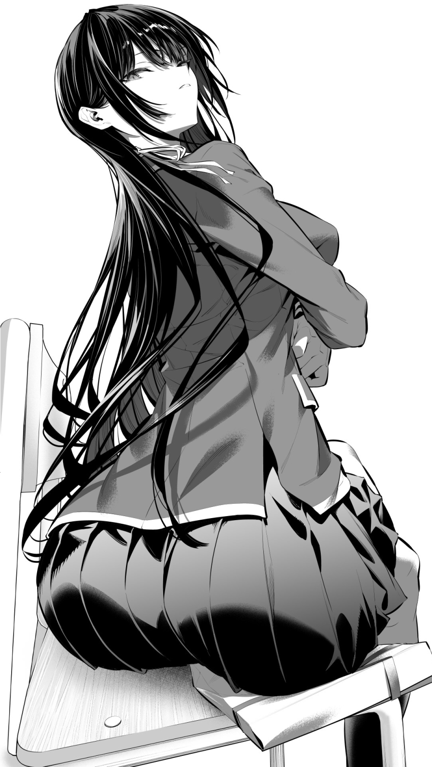 1girl ass black_hair box chair crossed_arms gift gift_box haite_kudasai_takamine-san highres hiiragi_yuuichi jacket long_hair monochrome on_chair pleated_skirt ribbon school_uniform sitting skirt takamine_takane