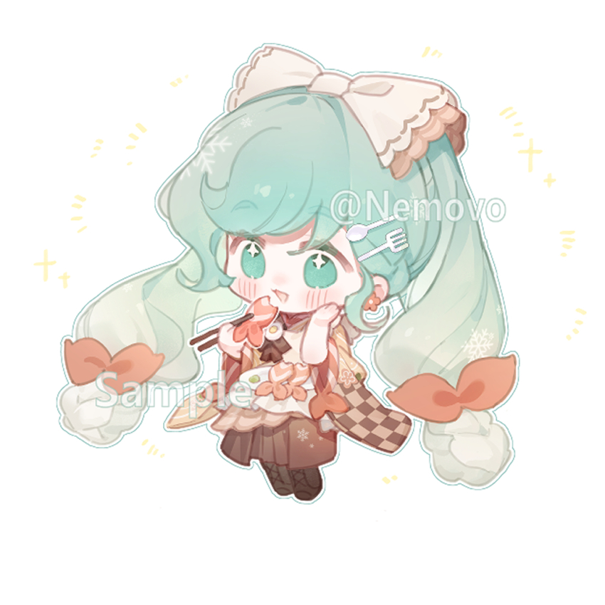 1girl :d aqua_eyes aqua_hair black_boots blush boots brown_hakama brown_kimono checkered_sleeves chibi chopsticks commentary_request food_request fork_hair_ornament full_body hair_ribbon hakama hatsune_miku holding holding_chopsticks japanese_clothes kimono lace-up_boots long_hair long_sleeves nemovo open_mouth plate red_ribbon ribbon sample_watermark simple_background smile solo spoon_hair_ornament twintails twitter_username very_long_hair vocaloid watermark white_background wide_sleeves