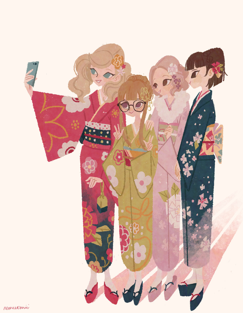 4girls absurdres black_kimono blonde_hair brown_hair floral_print flower full_body glasses hair_flower hair_ornament highres holding holding_phone japanese_clothes kimono long_hair multiple_girls nemuemii niijima_makoto obi okumura_haru persona persona_5 phone pink_kimono procreate_(medium) red_hair red_kimono round_eyewear sakura_futaba sash selfie short_hair signature standing takamaki_anne twintails yellow_kimono