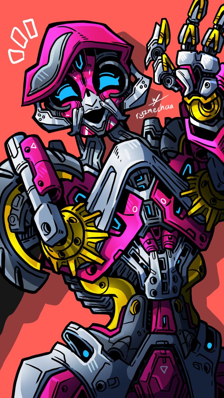 1girl arcee blue_eyes helmet highres humanoid_robot metal_skin orange_background robot robot_girl ryzmechaa science_fiction solo transformers transformers_(live_action) wheel