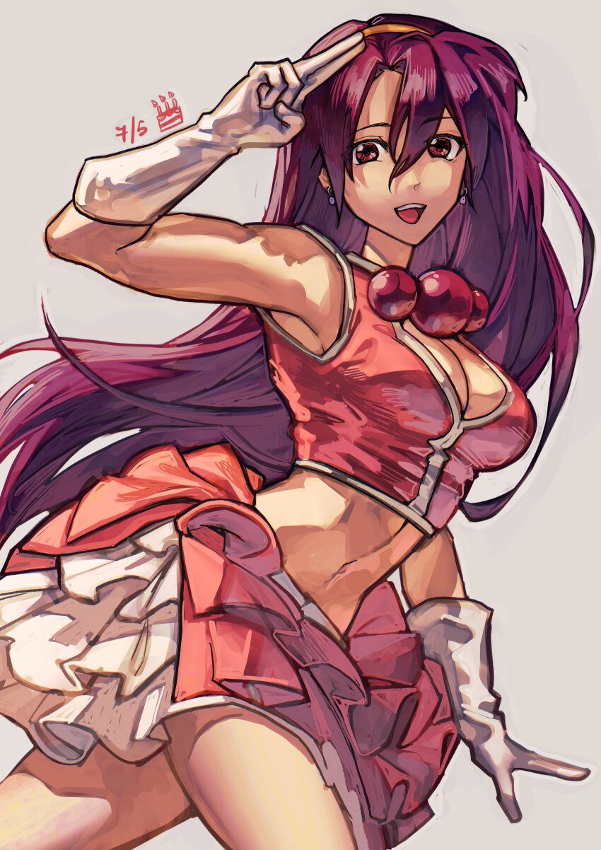 1girl absurdres armpits asamiya_athena breasts cleavage cleavage_cutout clothing_cutout cropped_shirt earrings frilled_skirt frills gloves hair_ornament hairband headband highres jewelry large_breasts legs long_hair looking_at_viewer medium_breasts midriff miniskirt navel open_mouth purple_eyes purple_hair red_skirt salute skirt sleeveless smile snk solo syachiiro the_king_of_fighters the_king_of_fighters_2003 thighs toned