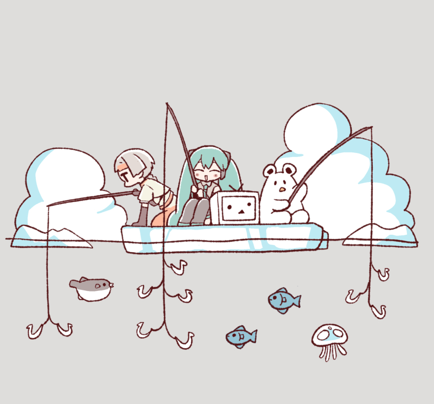 2girls ^_^ arm_support bear black_gloves blue_hair blush boots braid braided_ponytail chibi chis-a closed_eyes cloud commentary creature elbow_gloves fish fishing fishing_rod gloves gomahichi grey_background grey_hair grey_jacket hatsune_miku highres holding holding_fishing_rod ice_fishing ice_floe iceberg jacket jellyfish kneeling leaning_forward long_hair multicolored_hair multiple_girls niconico orange_hair polar_bear puffer_fish short_sleeves simple_background sitting smile streaked_hair terebi-chan thigh_boots twintails very_long_hair vocaloid voisona