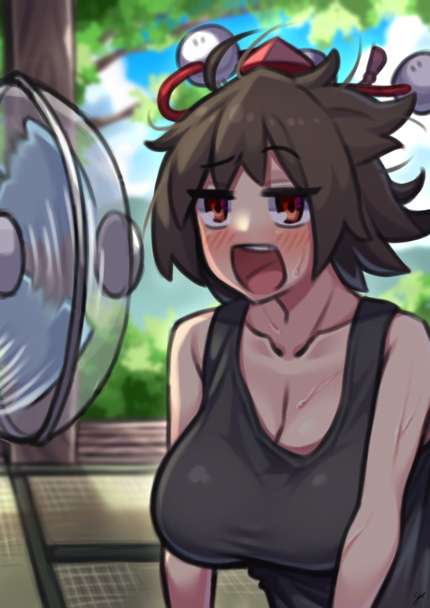 1girl ahoge bare_shoulders black_shirt breasts brown_hair cleavage cloud cloudy_sky collarbone fan hair_blowing hat hot large_breasts looking_at_viewer nikuatsu_magician_shinbo open_mouth outdoors pom_pom_(clothes) porch red_eyes red_hat shameimaru_aya shirt short_hair sitting sky solo sweat tank_top teeth tokin_hat touhou tree upper_teeth_only