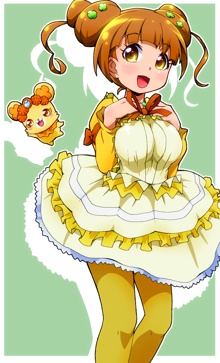 1girl bow breasts brown_hair creature dokidoki!_precure double_bun frilled_skirt frills green_background hair_bun hair_ornament hairclip highres large_breasts orange_bow pantyhose precure rance_(dokidoki!_precure) ryuuta_(cure_ryuuta) short_hair simple_background skirt smile standing yellow_eyes yellow_pantyhose yotsuba_alice