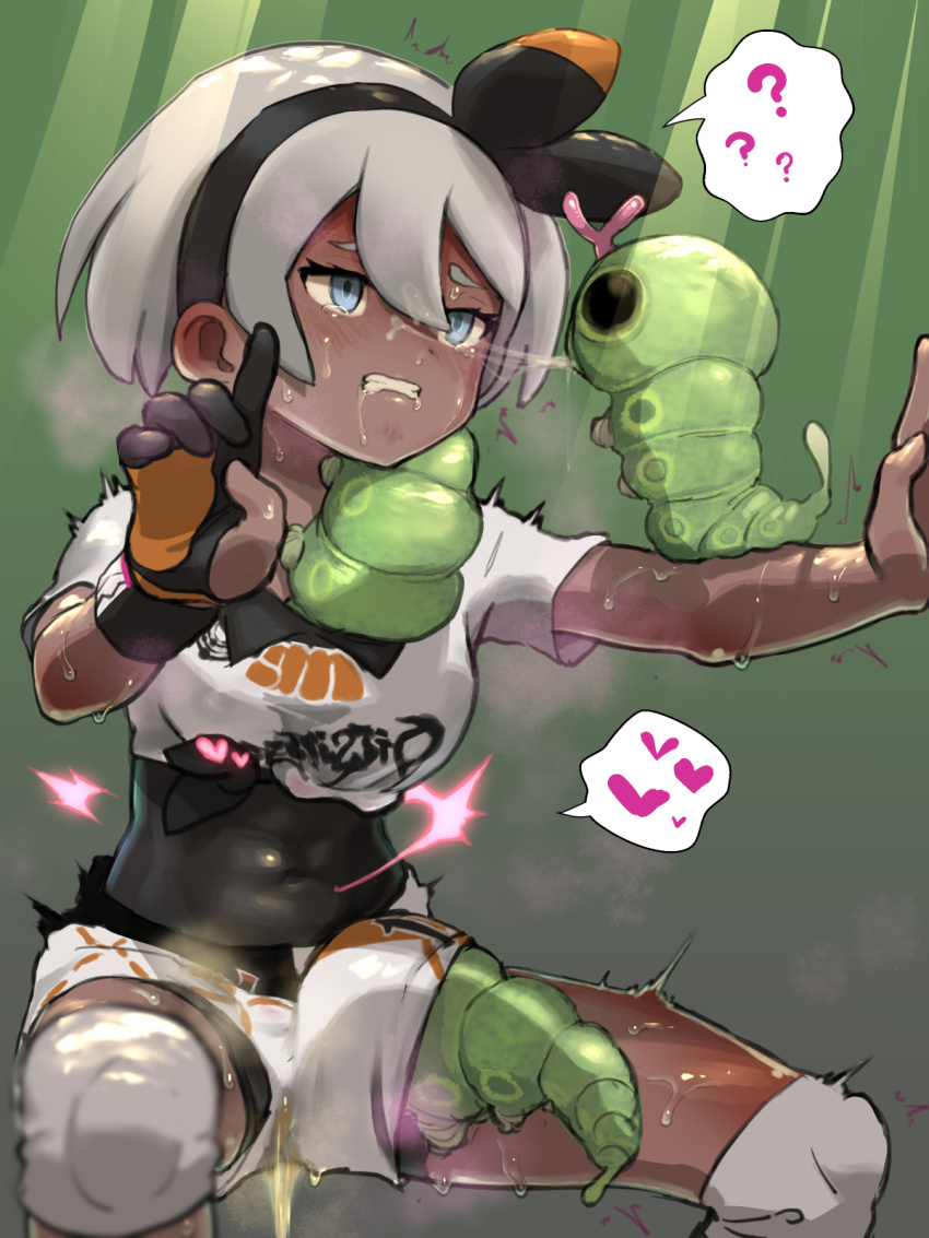 1girl 2equal8 ? ^^^ bea_(pokemon) bestiality bike_shorts black_gloves blush bodysuit bodysuit_under_clothes breasts caterpie clenched_teeth covered_navel crop_top dark-skinned_female dark_skin drunken_master gen_1_pokemon gloves grey_eyes gym_leader hair_between_eyes hairband heart highres horse_stance knee_pads medium_breasts nintendo orange_gloves orgasm parody pee peeing peeing_self pokemon pokemon_(creature) pokemon_swsh pokephilia saliva shirt short_hair short_sleeves silver_hair single_glove spoken_heart spoken_question_mark standing steam sweat teeth thighs trembling two-tone_gloves