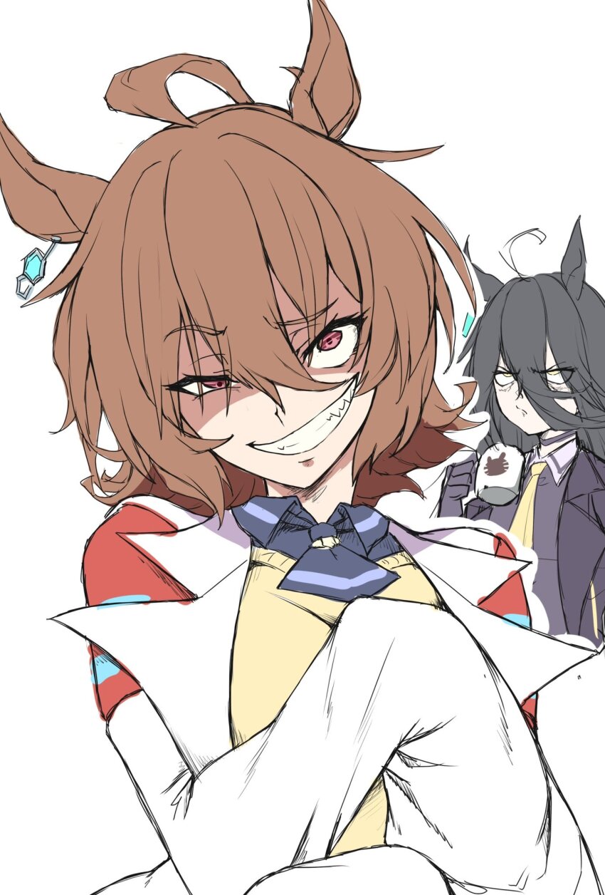 2girls agnes_tachyon_(umamusume) ahoge animal_ears black_hair brown_hair clothing_cutout ear_ornament hair_ornament hekahire_isurus highres horse_ears horse_girl lab_coat long_hair long_sleeves looking_at_viewer manhattan_cafe_(umamusume) multicolored_hair multiple_girls open_mouth simple_background smile sweater_vest tail tail_through_clothes umamusume white_background yellow_sweater_vest