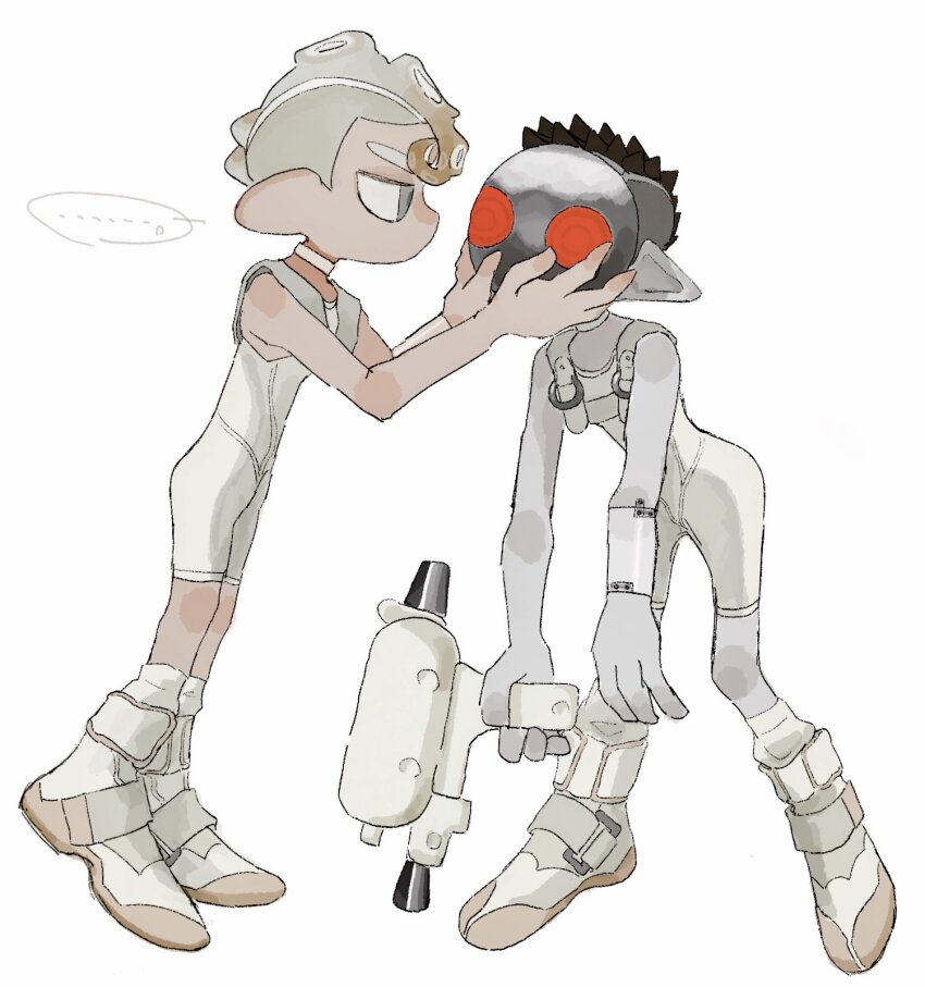 ... 13_shade 2boys agent_8_(splatoon) bodysuit boots colored_skin commentary grey_mask grey_skin gun highres holding holding_gun holding_weapon jelleton multiple_boys nintendo octoling octoling_boy octoling_player_character order_shot_(splatoon) parallel_canon_(splatoon) red_eyes short_hair simple_background sleeveless sleeveless_bodysuit socks splatoon_(series) splatoon_3 splatoon_3:_side_order spoken_ellipsis symbol-only_commentary tentacle_hair weapon white_background white_bodysuit white_footwear white_socks