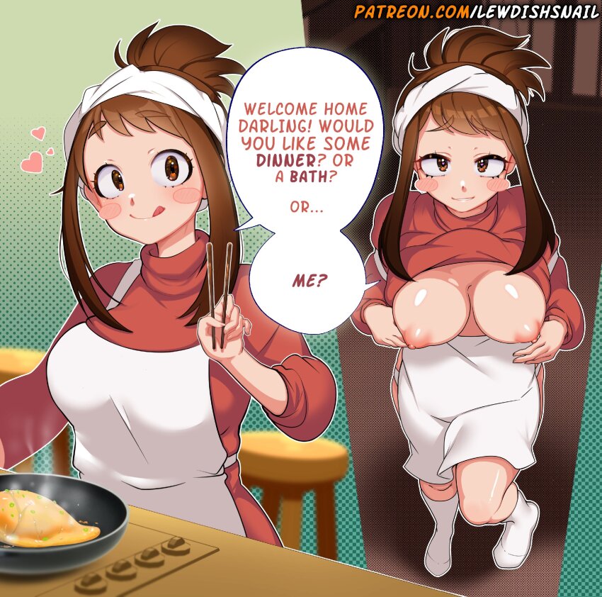 1girl :q absurdres alternate_costume alternate_hairstyle apron artist_name blush_stickers boku_no_hero_academia breasts brown_eyes brown_hair chopsticks clothes_lift cooking dress english_text food headband heart high_ponytail highres holding holding_chopsticks housewife indoors japanese_clothes kimono kitchen large_breasts lewdishsnail looking_at_viewer multiple_views nipples no_shoes omelet omurice paid_reward_available patreon_username ponytail red_kimono shinkon_santaku short_hair sidelocks socks speech_bubble stool stove sweater sweater_dress sweater_lift tongue tongue_out uraraka_ochako watermark web_address white_apron white_socks