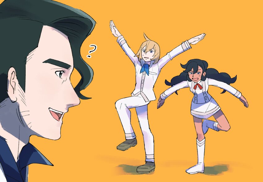 1girl 2boys ? ahoge professor_sycamore black_hair blonde_hair boots brown_footwear cosplay dexio_(pokemon) emma_(pokemon) highres multiple_boys nintendo orange_background papurikagakusyu paulo_(pokemon) pokemon pokemon_masters_ex pokemon_xy sina_(pokemon) standing standing_on_one_leg thick_eyebrows white_footwear