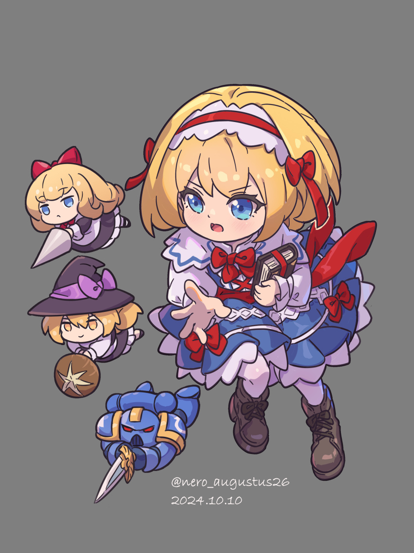 1girl :&lt; absurdres adeptus_astartes alice_margatroid ankle_boots armor blonde_hair blue_armor blue_dress blue_eyes blue_helmet book boots bow brown_boots brown_bow capelet character_doll chinese_commentary commentary_request cross-laced_clothes cross-laced_dress crossover dated doll dress eyebrows_hidden_by_hair floating footwear_bow frilled_hairband frills full_armor full_body grey_background hair_bow hairband hat hat_ribbon helmet highres holding holding_book holding_mushroom holding_polearm holding_sword holding_weapon kirisame_marisa lace-up_boots lance long_hair long_sleeves maid mushroom neck_ribbon nero_augustus open_mouth outstretched_arm pantyhose polearm puffy_long_sleeves puffy_sleeves purple_ribbon red_bow red_hairband red_ribbon red_sash ribbon sash shanghai_doll shiitake short_hair simple_background smile solo sword tongue touhou twitter_username warhammer_40k weapon white_capelet white_pantyhose witch_hat yellow_eyes