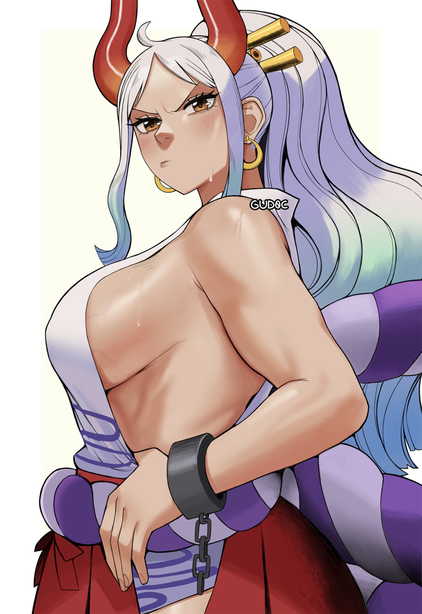 1girl ahoge aqua_hair artist_name blue_hair blush breasts brown_eyes closed_mouth cuffs earrings egasumi forehead from_side frown gradient_hair gradient_horns gud0c hair_ornament hair_stick hakama hakama_pants highres hip_vent hoop_earrings horns huge_breasts japanese_clothes jewelry kimono long_hair looking_past_viewer looking_to_the_side multicolored_hair multicolored_horns muscular muscular_female one_piece orange_hair orange_horns outline pants parted_bangs pursed_lips red_horns rope shackles shimenawa shiny_skin shirt sidelocks simple_background sleeveless sleeveless_kimono sleeveless_shirt solo sweat toned toned_female very_long_hair white_background yamato_(one_piece)