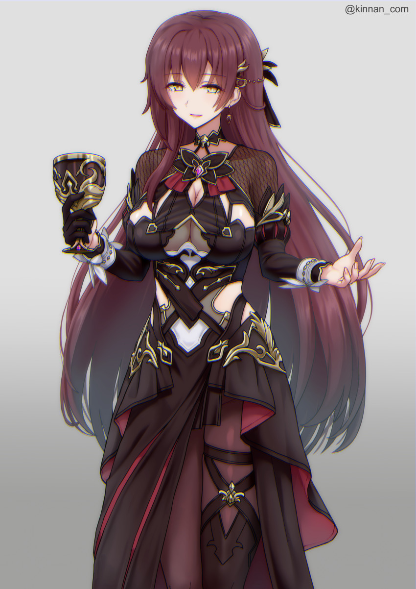 1girl absurdres bilingual_commentary black_dress black_gloves black_pantyhose breasts brown_hair chalice cleavage cleavage_cutout clothing_cutout commentary commentary_request cup dress eden_(honkai_impact) english_commentary gloves grey_background highres holding holding_cup honkai_(series) honkai_impact_3rd kinnan large_breasts long_hair mixed-language_commentary pantyhose see-through_cleavage see-through_clothes simple_background single_glove smile solo very_long_hair yellow_eyes