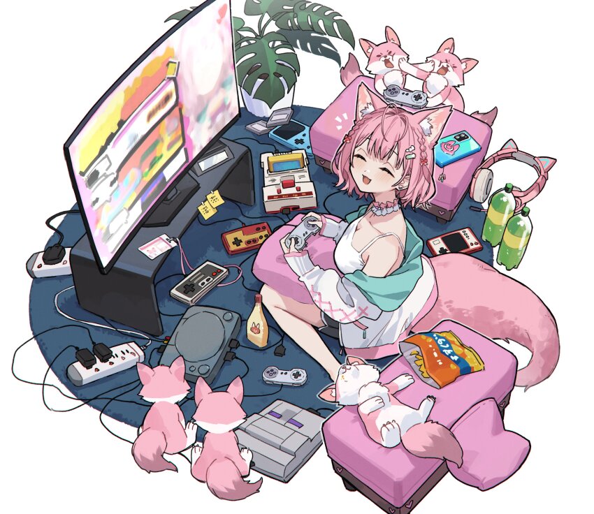 1girl :3 :d absurdres alternate_costume animal_ear_fluff animal_ear_headphones animal_ears antenna_hair black_shorts braid camisole cellphone chips_(food) choker closed_eyes commentary_request controller coyote cross-laced_clothes cross-laced_sleeves dolphin_shorts fake_animal_ears famicom fang food frilled_choker frills from_above game_boy game_boy_color game_cartridge game_console game_controller hair_ornament hairclip hakui_koyori hakui_koyori_(summer) handheld_game_console headphones highres holding holding_controller holding_game_controller hololive hood hooded_jacket jacket kokoro_(hakui_koyori) lanyard long_sleeves looking_up mascot mayonnaise nes_gamepad off_shoulder official_alternate_hairstyle open_mouth phone pink_hair plant potato_chips potted_plant power_strip rug short_hair short_shorts shorts side_braids sitting sleeves_past_wrists smartphone smile soda_bottle solo sony_playstation sticky_note super_nintendo tail television tsukino_(nakajimaseiki) twin_braids two-sided_fabric two-sided_jacket virtual_youtuber wariza white_background white_camisole white_choker white_jacket wolf_ears wolf_girl wolf_tail