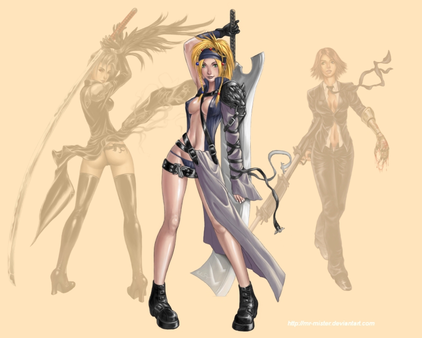 3girls ass blonde_hair breasts cleavage cloud_strife cloud_strife_(cosplay) cosplay covered_erect_nipples final_fantasy final_fantasy_vii final_fantasy_vii_advent_children final_fantasy_x final_fantasy_x-2 gloves gun headband legs lips minh_do multiple_girls necktie paine paine_(ff10) panties revealing_clothes rikku_(ff10) sephiroth sephiroth_(cosplay) square_enix sword tattoo thighhighs thong turks_(cosplay) turks_(ff7) underwear vincent_valentine vincent_valentine_(cosplay) weapon yuna yuna_(ff10)