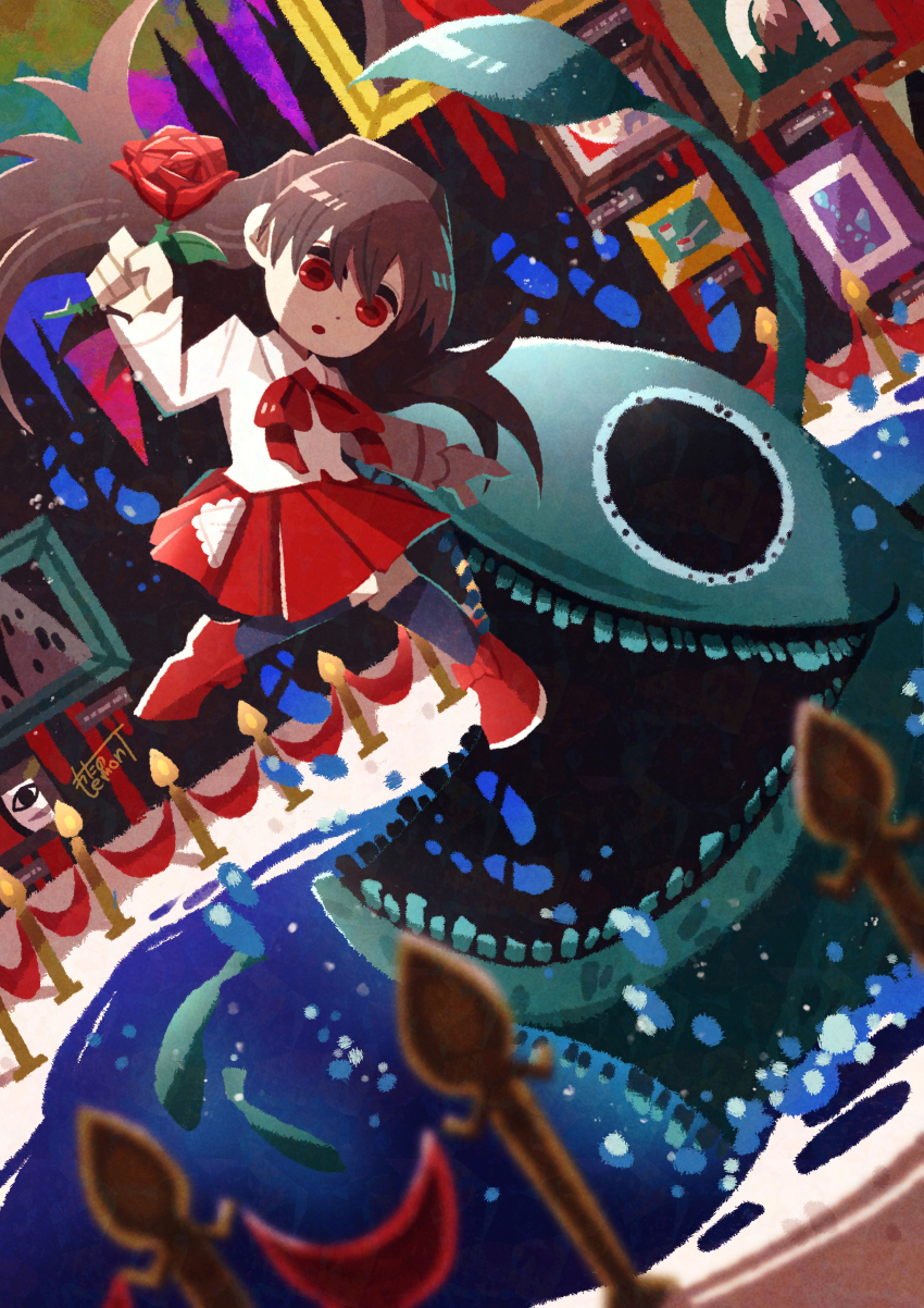 1girl :o absurdres anglerfish art_gallery black_thighhighs bow brown_hair dot_nose fish flower footwear_bow from_side highres holding holding_flower ib_(ib) ib_(kouri) indoors long_hair long_sleeves monster neckerchief open_mouth painting_(object) red_eyes red_flower red_footwear red_neckerchief red_rose red_skirt rose scenery shirt signature skirt stanchion thighhighs watawata22 water white_shirt wide_shot