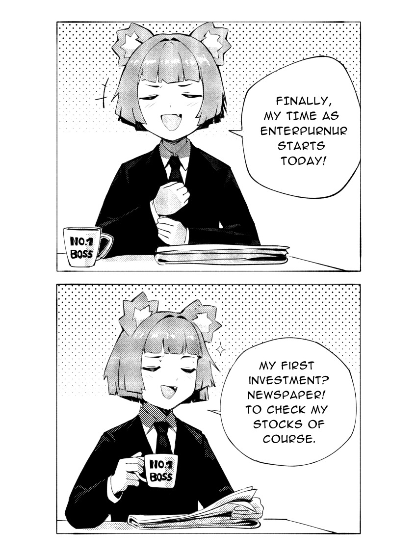 1girl 2koma :d absurdres adjusting_clothes adjusting_necktie business_suit closed_eyes comic commentary cup english_commentary english_text fang formal_clothes greyscale gris_(vertigris) highres monochrome mug mug_writing necktie newspaper open_mouth original smile solo suit typo vertigris