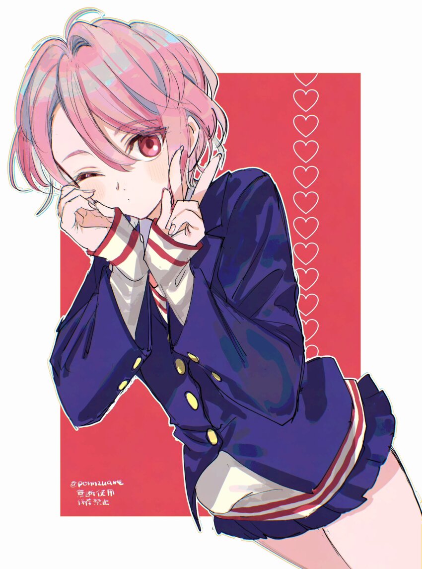 1girl amezawa_koma blazer blue_jacket blue_skirt blush closed_mouth cowboy_shot dandadan dot_mouth hand_on_own_cheek hand_on_own_face heart highres jacket looking_at_viewer one_eye_closed pink_hair pleated_skirt red_background red_eyes school_uniform shiratori_aira_(dandadan) short_hair signature skirt solo sweater twitter_username v white_sweater