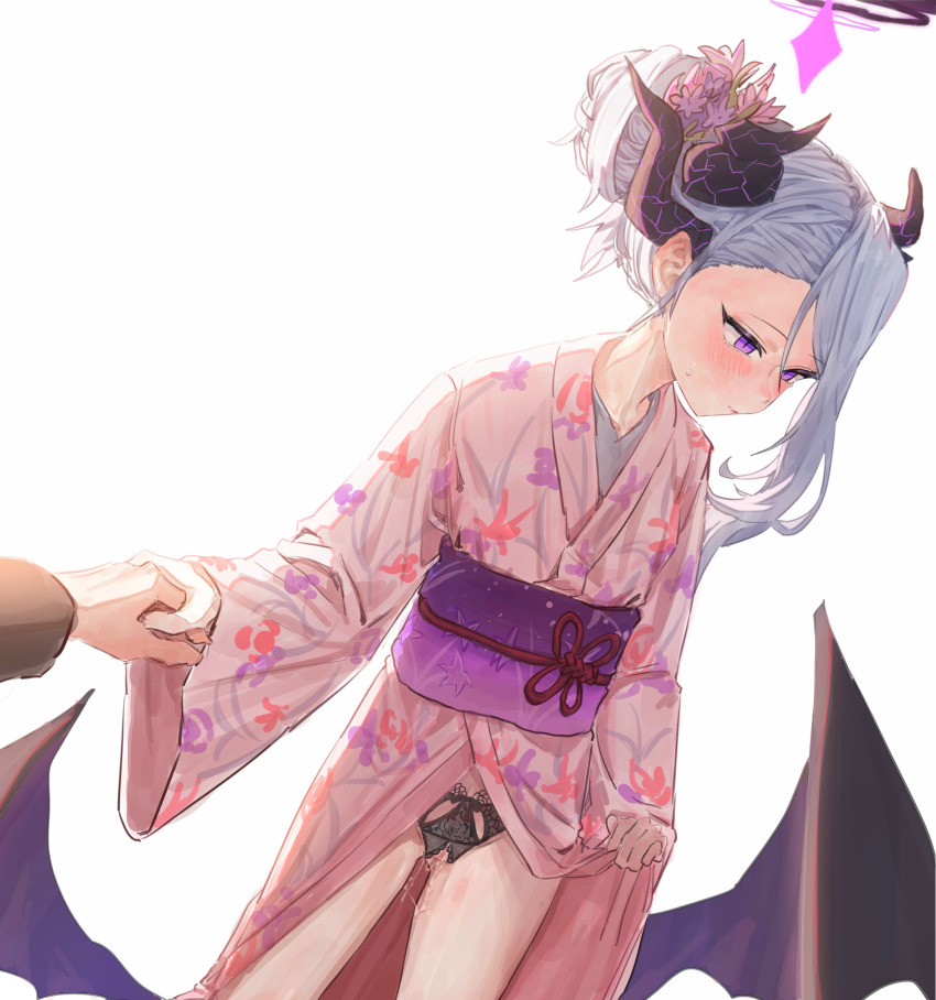 1girl absurdres averting_eyes black_panties blue_archive closed_mouth clothes_lift commentary crotchless crotchless_panties demon_girl demon_horns demon_wings english_commentary flat_chest hair_bun halo highres hina_(blue_archive) holding_hands horns ilyowal japanese_clothes kimono kimono_lift lifting_own_clothes long_sleeves obi panties pink_kimono purple_eyes purple_halo purple_horns pussy pussy_juice sash simple_background single_hair_bun solo_focus underwear white_hair wide_sleeves wings
