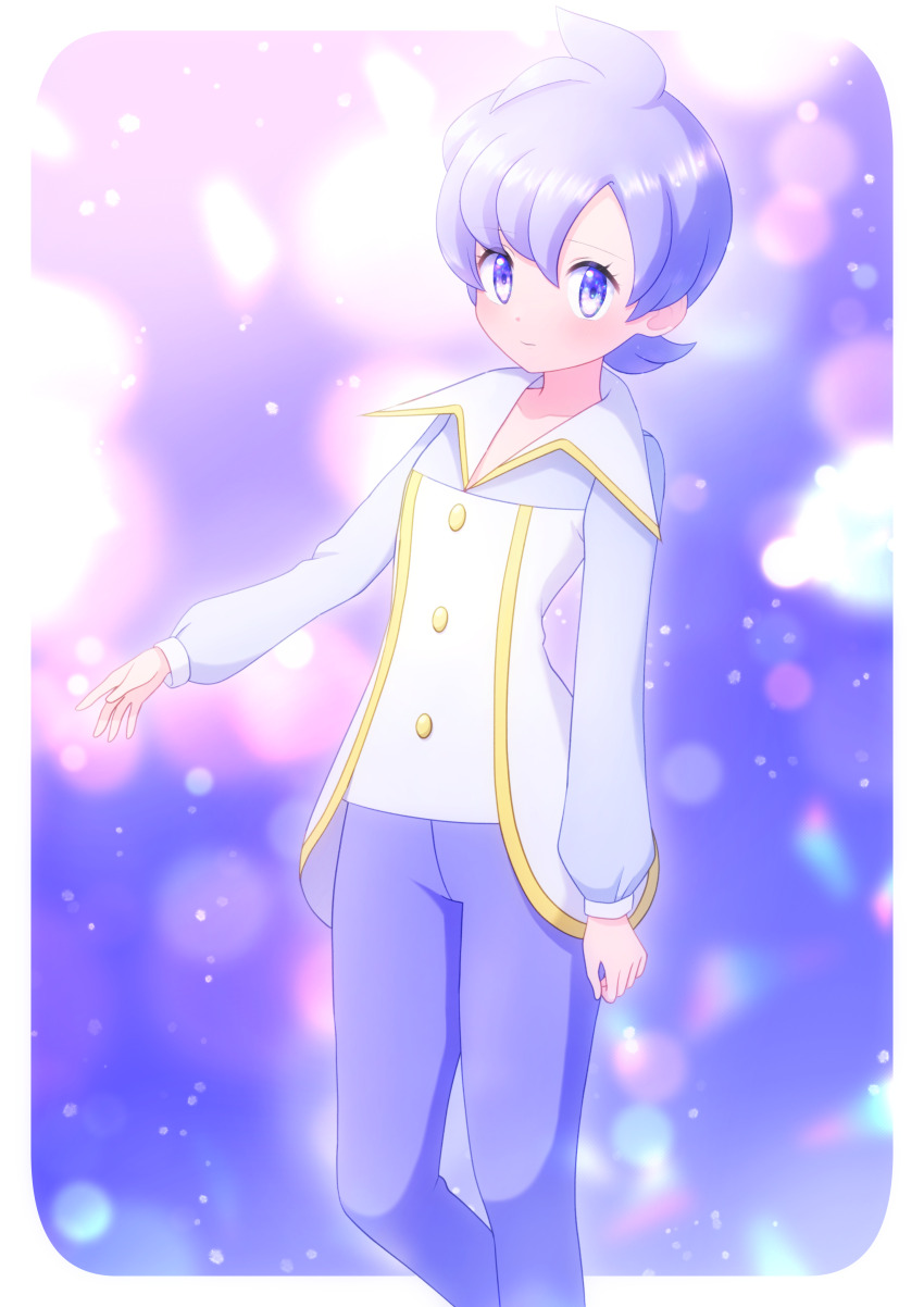 1girl absurdres ahoge anabel_(pokemon) arm_at_side border buttons closed_mouth commentary_request grey_shirt highres katsuonoeboebo long_sleeves medium_hair nintendo pants pokemon pokemon_emerald pokemon_rse purple_background purple_eyes purple_hair purple_pants shirt solo standing white_border