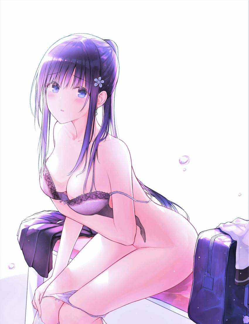 1girl :o absurdres bag bag_charm bare_shoulders bench black_skirt blue_eyes blush bra breasts charm_(object) cleavage collarbone duffel_bag earrings female_focus female_pubic_hair flower groin hair_flower hair_ornament highres jewelry kayakooooo kneehighs leaning_forward long_hair medium_breasts open_bra original panties panty_pull parted_lips ponytail pubic_hair purple_bra purple_hair purple_panties school_bag shirt sidelocks simple_background sitting skirt socks solo tears underwear undressing unworn_shirt unworn_skirt very_long_hair white_background white_socks