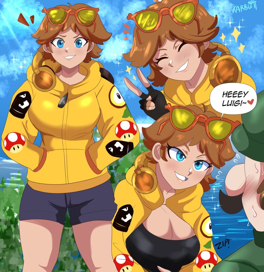 1boy 1girl blue_eyes blush breasts brooch bullet_bill cleavage closed_eyes day facial_hair fire_flower gloves grin hat highres jacket jewelry karbuitt large_breasts legs looking_at_another looking_at_viewer luigi mario_(series) mustache nintendo open_clothes open_jacket princess_daisy shorts smile speech_bubble sunglasses_on_head super_mushroom talking thigh_gap thighs tree