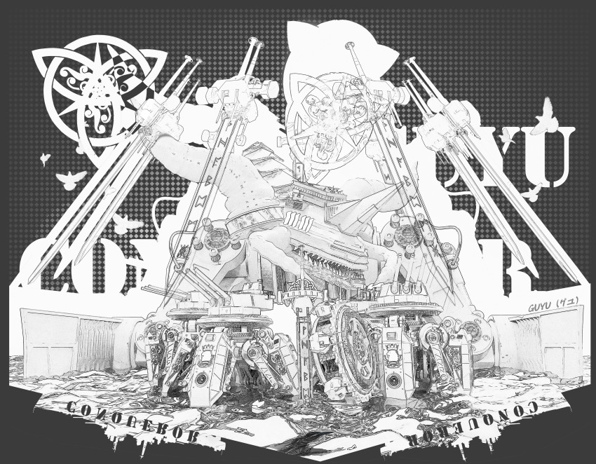 absurdres artist_name azur_lane character_name commentary_request floating floating_object floating_sword floating_weapon greyscale guyu_(5445) highres huge_weapon looking_at_viewer monochrome multiple_swords no_humans original royal_navy_emblem_(azur_lane) runes ship_turret sword sword_writing transparent_sword weapon world_of_warships