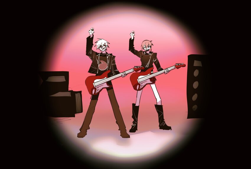 1boy 1girl ^_^ apt._(rose_&amp;_bruno_mars) arm_up black_boots black_jacket black_pants boots closed_eyes full_body guitar hair_between_eyes highres holding holding_guitar holding_instrument holding_plectrum instrument jacket looking_at_viewer maka_albarn pants plectrum real_life se_4242564 soul_eater soul_evans twintails white_hair