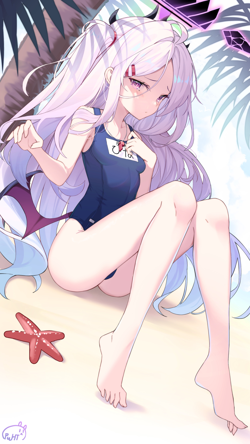 1girl absurdres bare_arms bare_legs bare_shoulders barefoot black_horns black_one-piece_swimsuit blue_archive blush breasts closed_mouth demon_horns demon_wings halo highres hina_(blue_archive) hina_(swimsuit)_(blue_archive) horns long_hair looking_at_viewer multiple_horns name_tag official_alternate_costume one-piece_swimsuit pu_ht purple_eyes purple_wings school_swimsuit signature small_breasts solo swimsuit toes whistle whistle_around_neck white_hair wings
