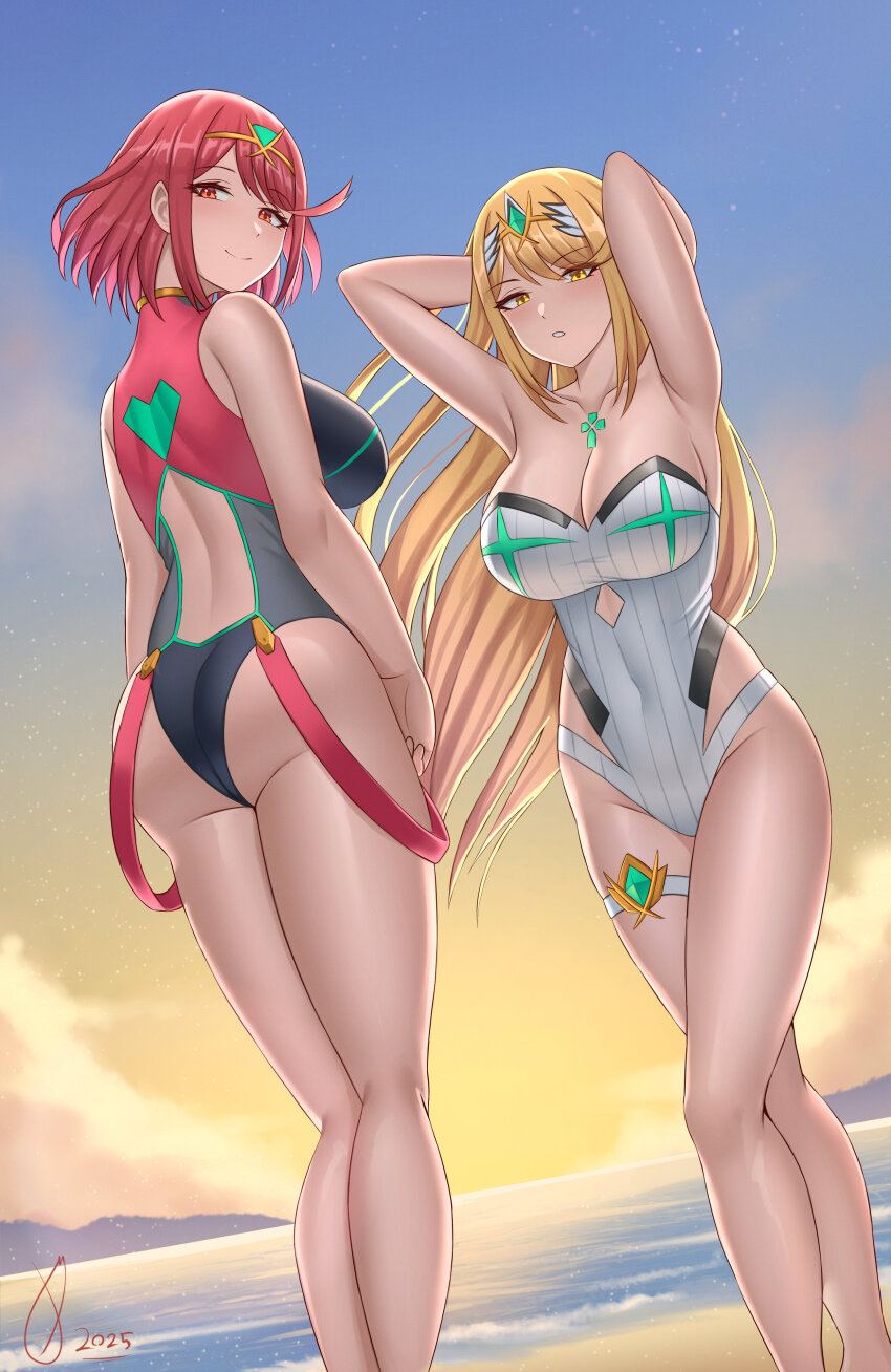 2girls absurdres ass beach blonde_hair breasts cleavage cloud day dutch_angle female_focus ghonky highres large_breasts long_hair looking_at_viewer matching_hair/eyes multiple_girls mythra_(xenoblade) nintendo ocean one-piece_swimsuit outdoors pyra_(xenoblade) red_eyes red_hair sand shiny_skin short_hair sideboob sky smile standing sunset swimsuit white_one-piece_swimsuit xenoblade_chronicles_(series) xenoblade_chronicles_2 yellow_eyes
