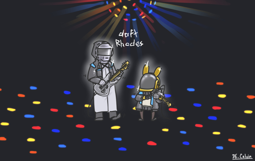 1girl 1other ambiguous_gender amiya_(arknights) animal_ears arknights rabbit_ears chibi cosplay daft_punk de.calvin disco disco_ball doctor_(arknights) guitar guy-manuel_de_homem-christo guy-manuel_de_homem-christo_(cosplay) helmet hood hoodie instrument music playing_instrument rabbit_girl thomas_bangalter thomas_bangalter_(cosplay) violin