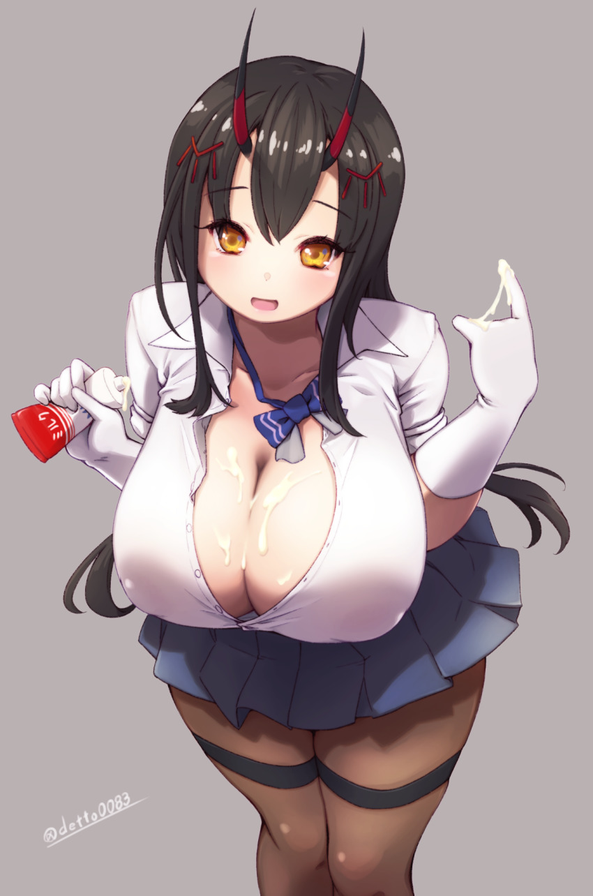 1girl :d azur_lane black_hair blue_bow blue_skirt bow breasts brown_pantyhose buttons cleavage collarbone collared_shirt covered_erect_nipples deto dress_shirt female_focus gloves highres holding horns huge_breasts long_hair looking_at_viewer lotion miniskirt open_mouth orange_eyes pantyhose partially_unbuttoned pleated_skirt sexually_suggestive shirt skirt smile solo suggestive_fluid suzuya_(azur_lane) thigh_strap twitter_username unbuttoned unbuttoned_shirt white_gloves white_shirt