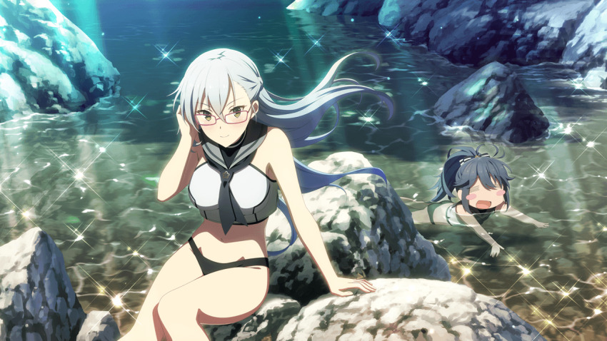 2girls =_= adapted_costume ayanokouji_martial_arts_school_uniform bikini black_hair blush_stickers boulder breasts closed_mouth game_cg glasses groin hair_between_eyes kitora_mirja long_hair looking_at_viewer multiple_girls navel non-web_source official_art open_mouth orange_eyes outdoors partially_submerged ponytail red-framed_eyewear river school_uniform sitting smile solo_focus sparkle stomach swimsuit toji_no_miko toji_no_miko:_kizamishi_issen_no_tomoshibi tucking_hair water white_bikini yamashiro_yui