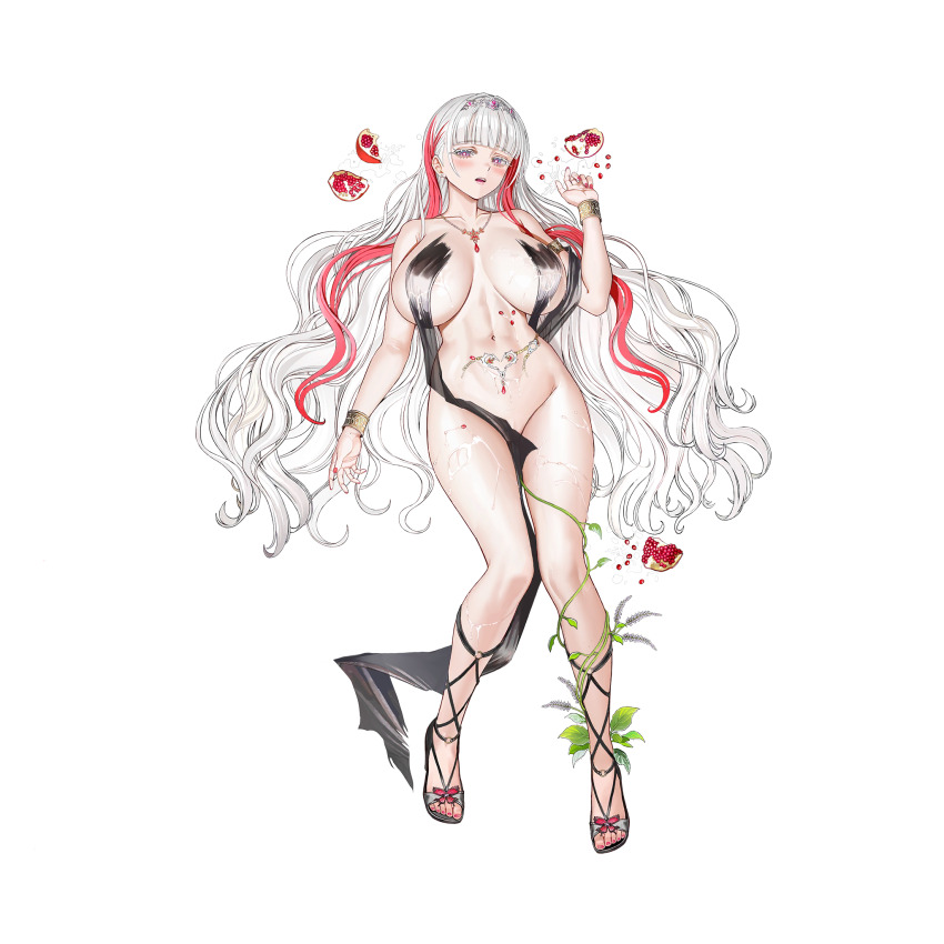 1girl abs armpit_crease belt black_dress blush bracelet breasts breasts_apart bright_pupils center_opening circlet clothing_aside collarbone colored_eyelashes cross-laced_sandals dress dress_aside eternity_(last_origin) food fruit full_body gem gold_armlet gold_bracelet gradient_eyes highres huge_breasts ivy jewelry knees_together_feet_apart last_origin linea_alba lips long_dress long_hair looking_at_viewer lying multicolored_eyes multicolored_hair nail_polish navel necklace non-web_source o-ring o-ring_footwear official_alternate_costume official_art on_back parted_lips pelvic_curtain pomegranate purple_eyes purple_gemstone red_gemstone red_hair red_nails revealing_clothes see-through_clothes see-through_dress seed simple_background solo streaked_hair suggestive_fluid tachi-e taesi teeth toenail_polish toenails torn_belt torn_clothes torn_dress transparent_background two-tone_hair upper_teeth_only wet white_eyelashes white_hair white_pupils