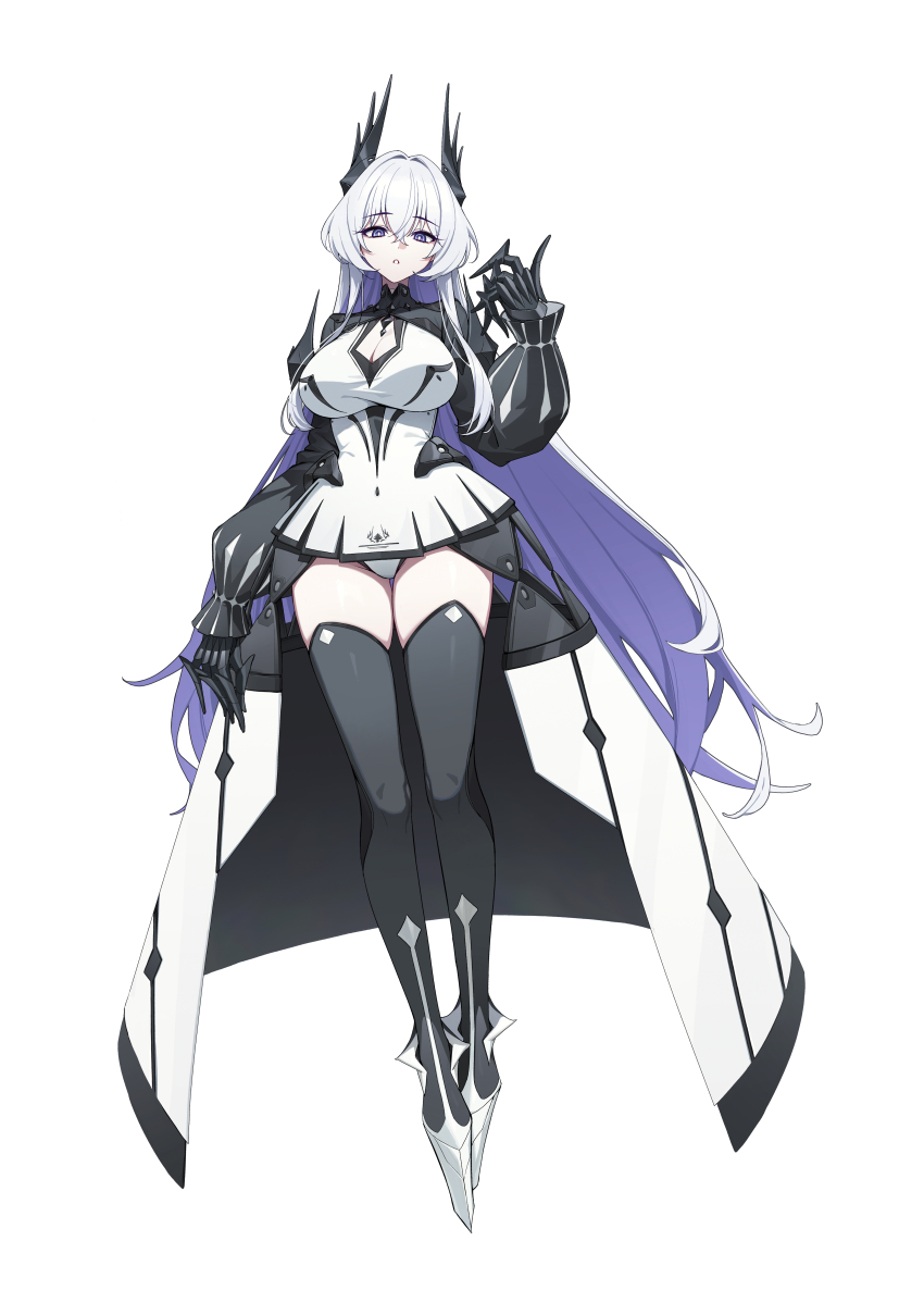 1girl absurdres black_horns black_thighhighs breasts cleavage commentary english_commentary gauntlets goeleu highres horns large_breasts long_hair looking_at_viewer multicolored_hair original purple_hair simple_background solo thighhighs thighs two-tone_hair white_background white_hair