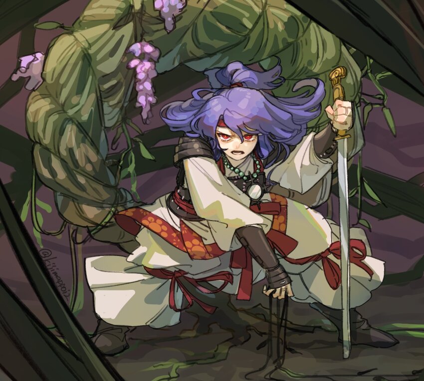 1girl arm_guards bead_necklace beads black_boots boots commentary_request food fruit full_body grapes highres holding holding_sword holding_weapon japanese_clothes jewelry kijima_(amayadori-tei) kimono long_sleeves looking_at_viewer medium_hair mirror necklace open_mouth pants plant ponytail purple_hair red_eyes rope solo sword touhou twitter_username vines weapon white_kimono white_pants yasaka_kanako
