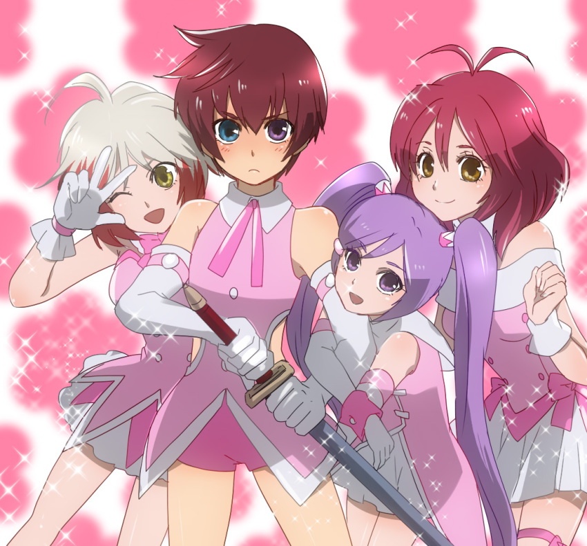 1boy 3girls ahoge akizuki_ryo akizuki_ryo_(cosplay) asbel_lhant bare_shoulders bike_shorts blue_eyes blush bow cheria_barnes cosplay crossdressing cute_&amp;_girly_(idolmaster) gloves hanazawa_kana heterochromia hidaka_ai hidaka_ai_(cosplay) idolmaster idolmaster_(classic) idolmaster_dearly_stars kano_ko kikuchi_makoto kikuchi_makoto_(cosplay) long_hair magical_girl mizutani_eri mizutani_eri_(cosplay) multiple_girls necktie one_eye_closed pascal_(tales) pink_bow pink_shorts purple_eyes purple_hair red_hair ribbon serious short_hair shorts skirt smile sophie_(tales) sparkle sword tales_of_(series) tales_of_graces twintails v voice_actor_connection weapon white_gloves white_hair wink wrist_cuffs yellow_eyes