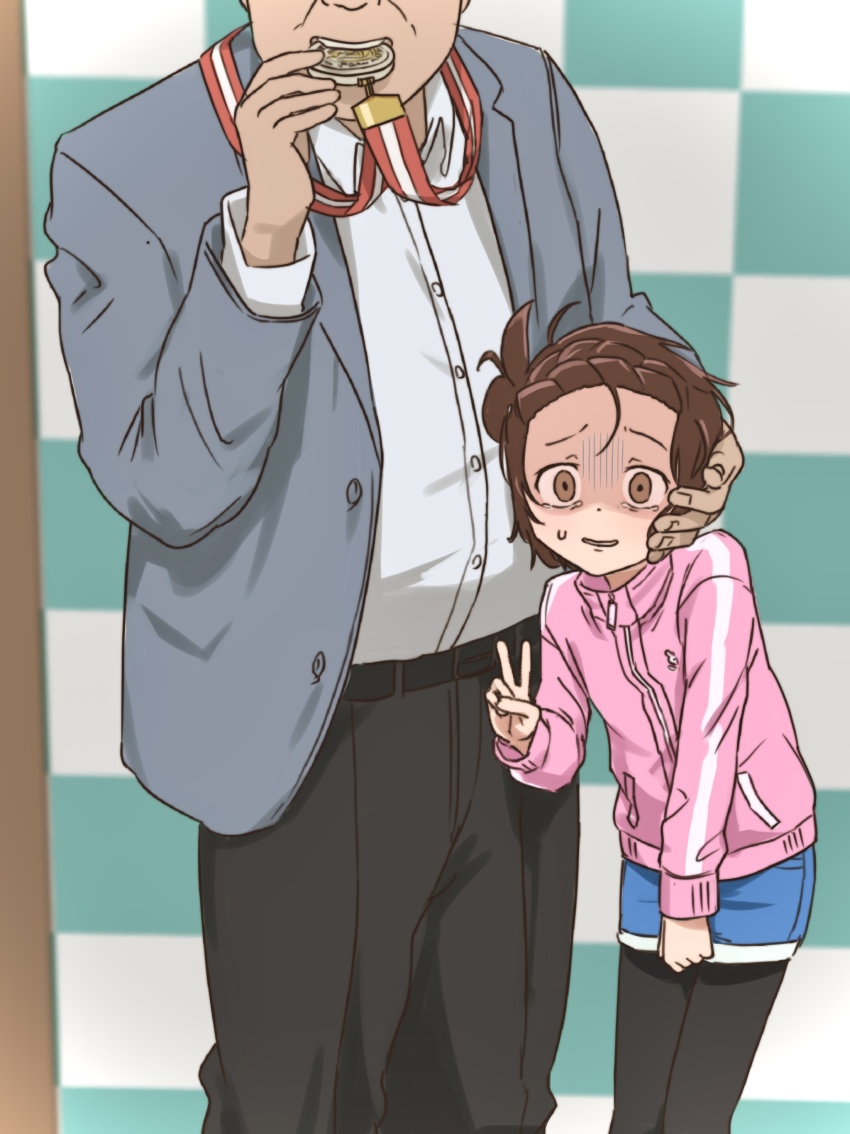 1boy 1girl absurdres age_difference belt biting_medal brown_eyes brown_hair collared_shirt disgust fingernails hand_on_another&#039;s_face highres humiliation medalist_(manga) pants sabuakadeath sexual_harassment shirt short_hair tearing_up ugly_bastard v yuitsuka_inori