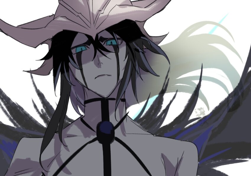 1boy bat_wings black_hair bleach close-up closed_mouth colored_skin commentary expressionless facial_mark fake_horns floating_hair green_eyes hair_between_eyes helmet hishui_prpr hole_in_chest hole_on_body horned_helmet horns long_hair looking_at_viewer male_focus resurreccion shaded_face slit_pupils solo spiked_hair ulquiorra_cifer white_background white_skin wings