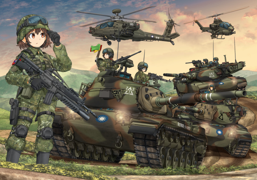 3girls 6+others adjusting_clothes adjusting_headwear ah-1_supercobra ah-64_apache aircraft assault_rifle attack_helicopter black_footwear black_gloves blue_sky body_armor boots brown_eyes brown_hair browning_m2 camouflage camouflage_headwear camouflage_jacket camouflage_pants closed_mouth cloud cloudy_sky cm-11_brave_tiger combat_boots commentary commentary_request dusk english_commentary flag flag_on_vehicle glasses gloves goggles goggles_on_headwear gradient_sky green_headwear green_jacket green_pants gun handgun headphones headset heavy_machine_gun helicopter helmet highres holding holding_weapon holster jacket knee_pads long_sleeves looking_back looking_to_the_side m1_abrams m240 m60_main_battle_tank machine_gun magazine_(weapon) mikeran_(mikelan) military military_combat_uniform military_uniform military_vehicle mixed-language_commentary motion_blur motor_vehicle multiple_girls multiple_others orange_sky original outdoors pants republic_of_china_army republic_of_china_flag revision rifle roundel short_hair sky standing t91_assault_rifle taiwan tank thigh_holster trigger_discipline weapon