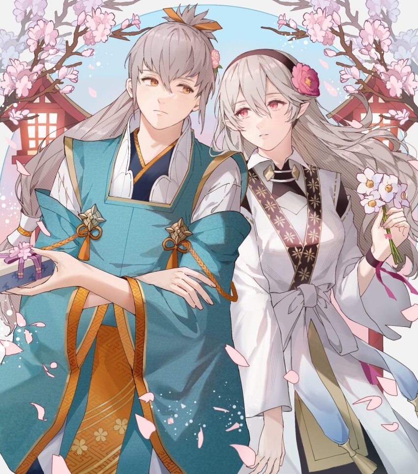 1boy 1girl ai_tkkm aristocratic_clothes black_hairband female_corrin_(fire_emblem) fire_emblem fire_emblem_fates grey_hair hairband highres japanese_clothes long_hair nintendo pointy_ears ponytail red_eyes takumi_(fire_emblem) white_hair yellow_eyes