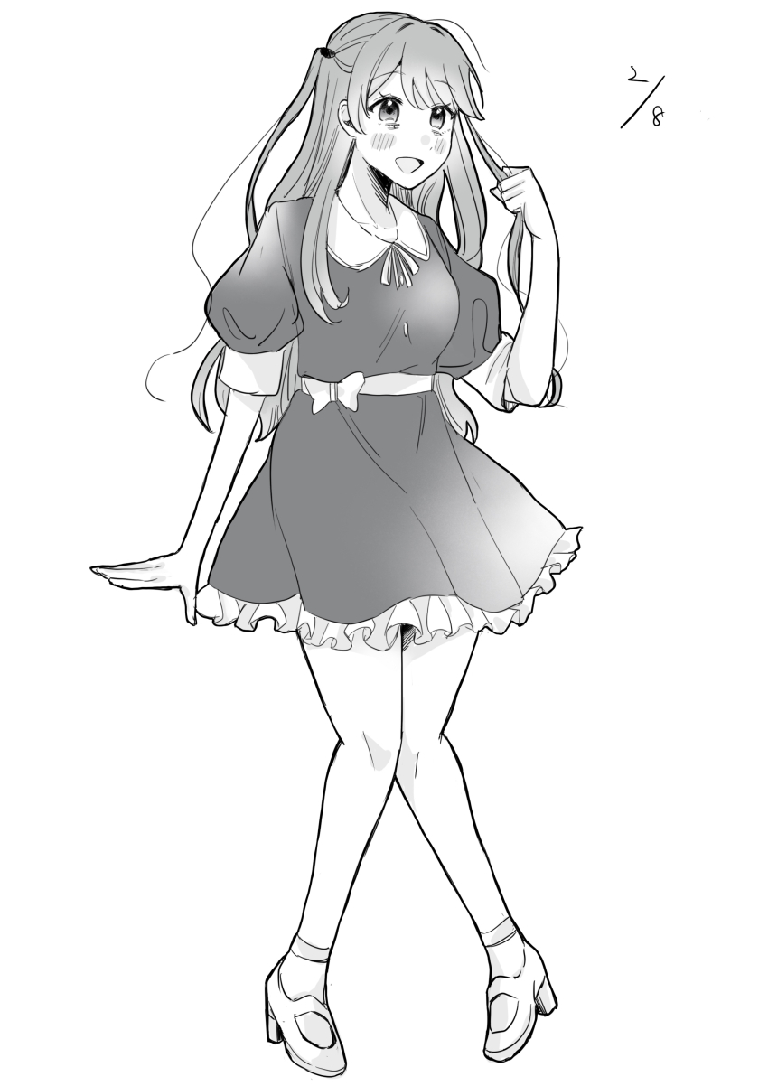 1girl :d absurdres blush breasts collared_dress commentary_request contrast_collar dated dress frilled_dress frills fujishima_megumi full_body greyscale high_heels highres holding holding_own_hair large_breasts link!_like!_love_live! long_hair love_live! monochrome neck_ribbon nunyara361 open_mouth puffy_short_sleeves puffy_sleeves ribbon round_collar shoes short_dress short_sleeves simple_background smile solo two_side_up virtual_youtuber white_background